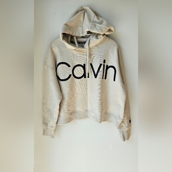 Calvin Klein Performance Hoodie Cropped Short Stone Ivory Cream Size L - Picture 3 of 12